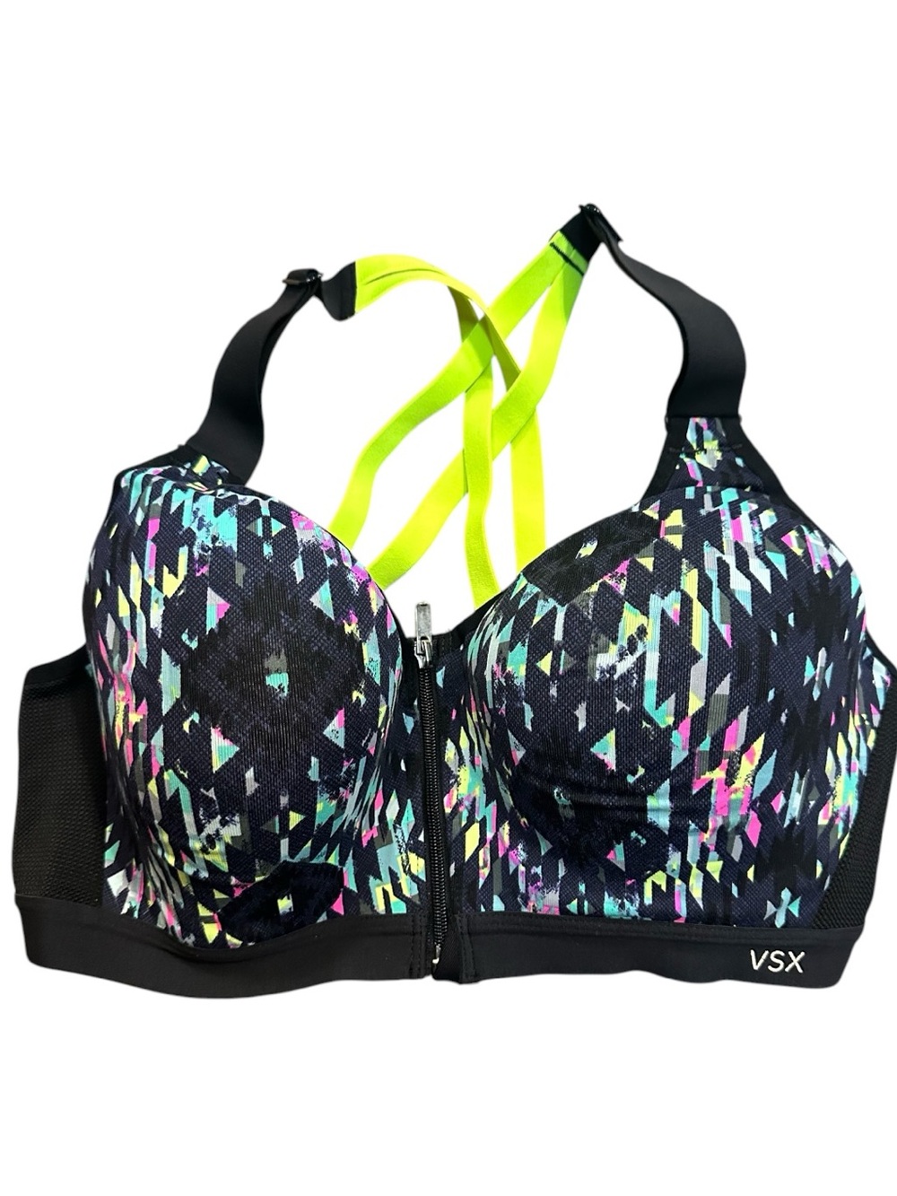 Victoria’s Secret VSX Sport Front Zip Strappy Sports Bra 36C Neon Geometric